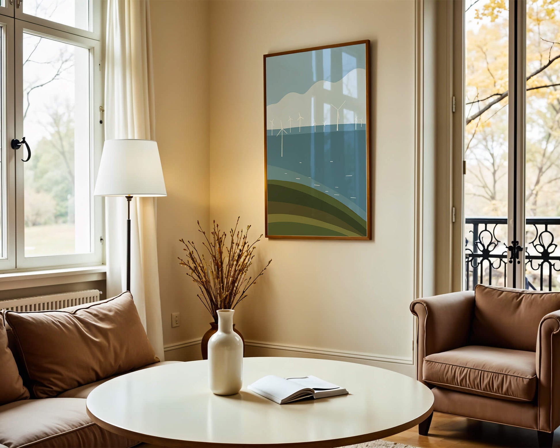Wind Turbines on Rolling Hills Against a Clear Blue Sky