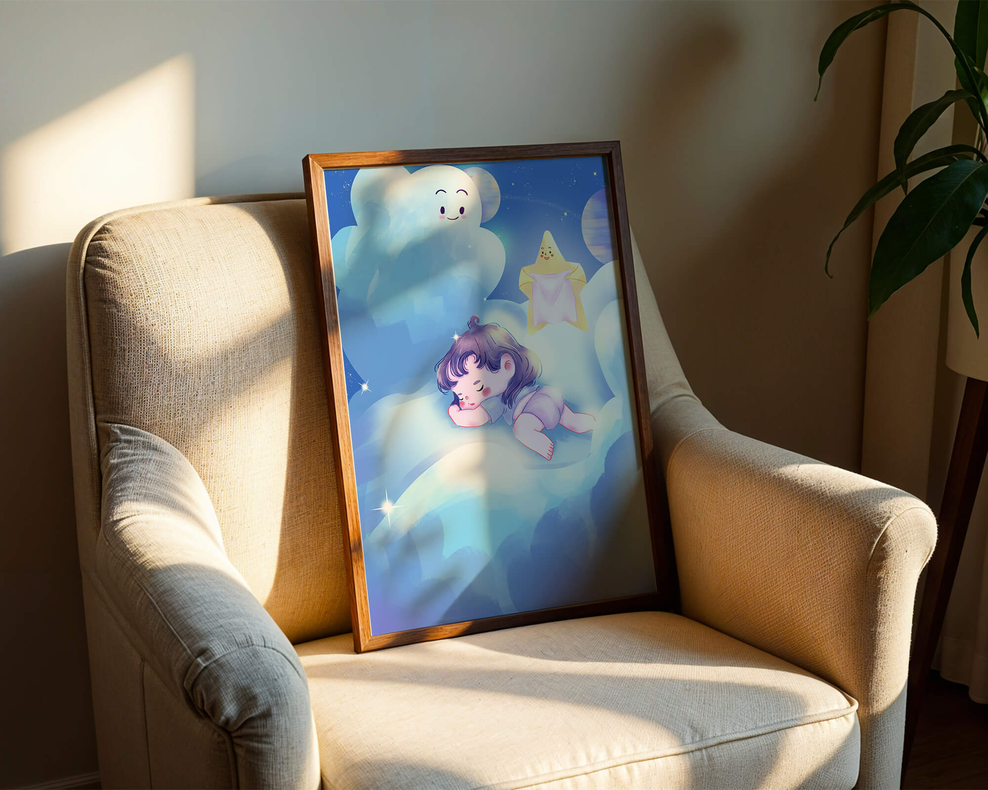 Dreamy illustration of sleeping child on clouds with smiling cloud and star