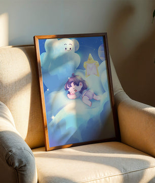 Dreamy illustration of sleeping child on clouds with smiling cloud and star