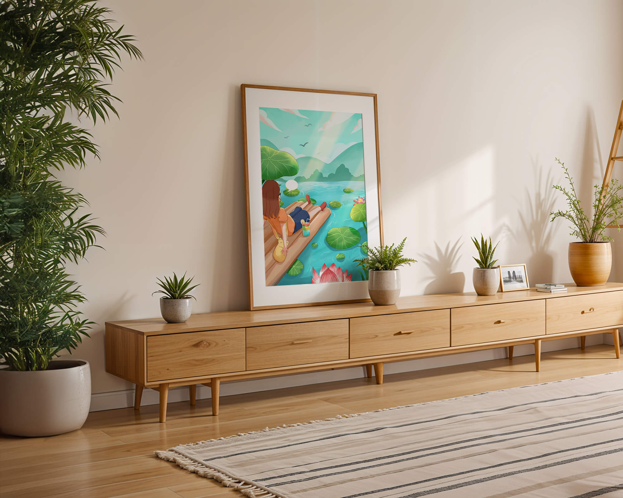 Peaceful lake scene with raft and relaxing atmosphere