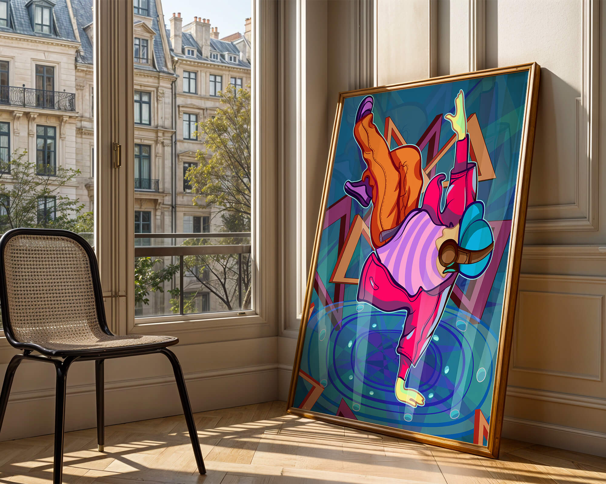 Colorful breakdancer in dynamic urban artwork