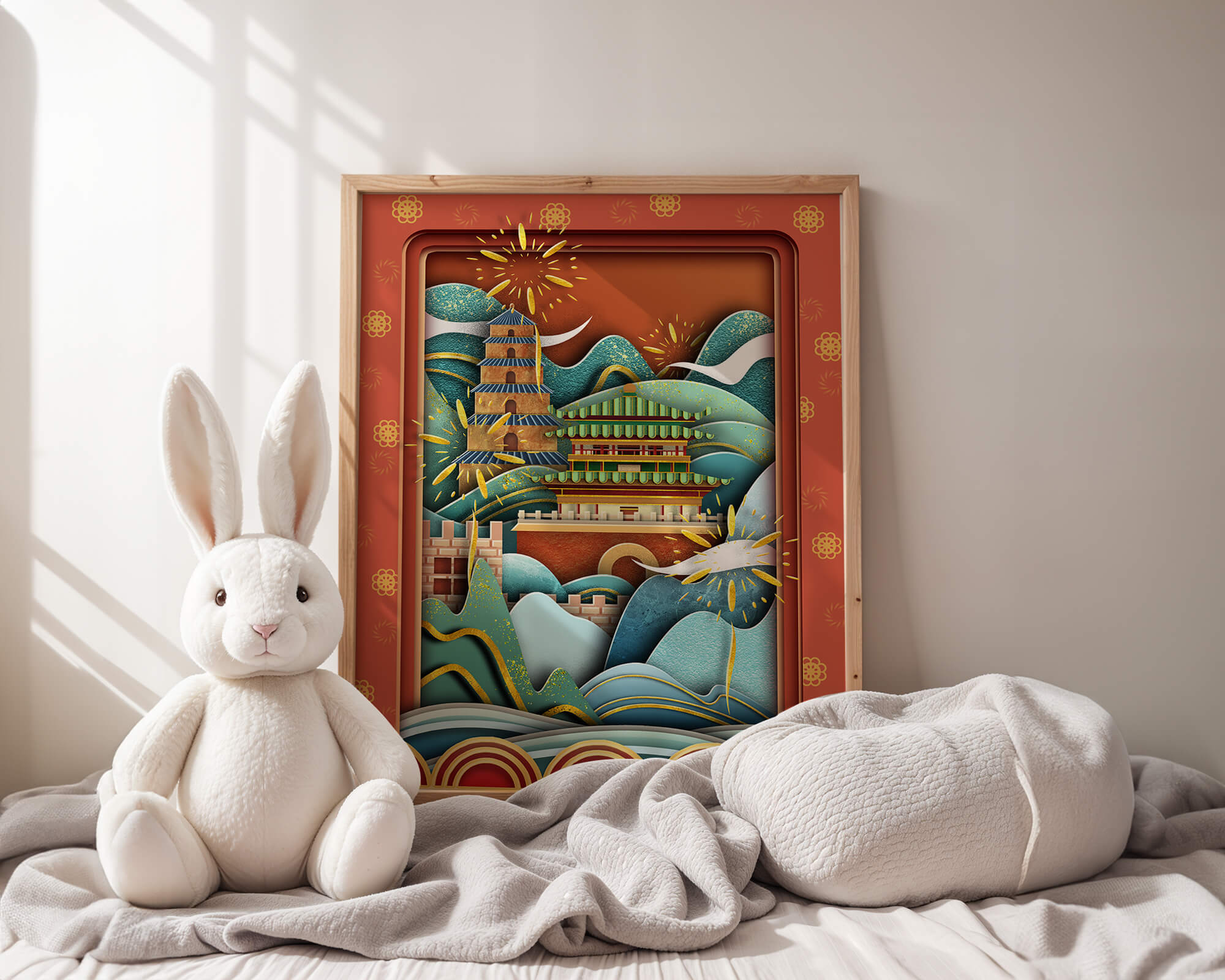 Illustrated Asian landscape with fireworks and traditional architecture