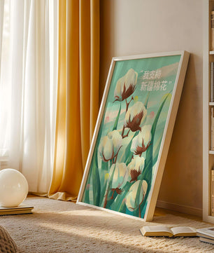 Ilustración de plantas de algodón con texto de apoyo en chino