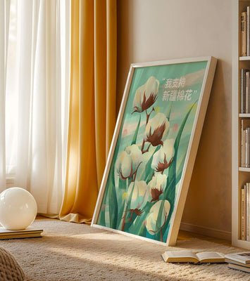 Illustration of cotton plants with supportive text in Chinese