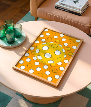 Colorful geometric pattern with white polka dots on orange background
