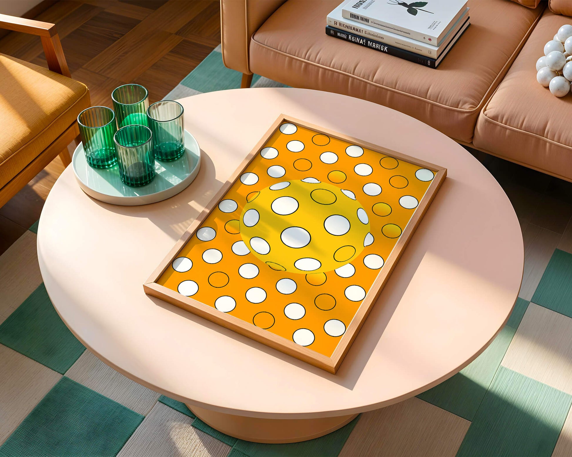 Colorful geometric pattern with white polka dots on orange background