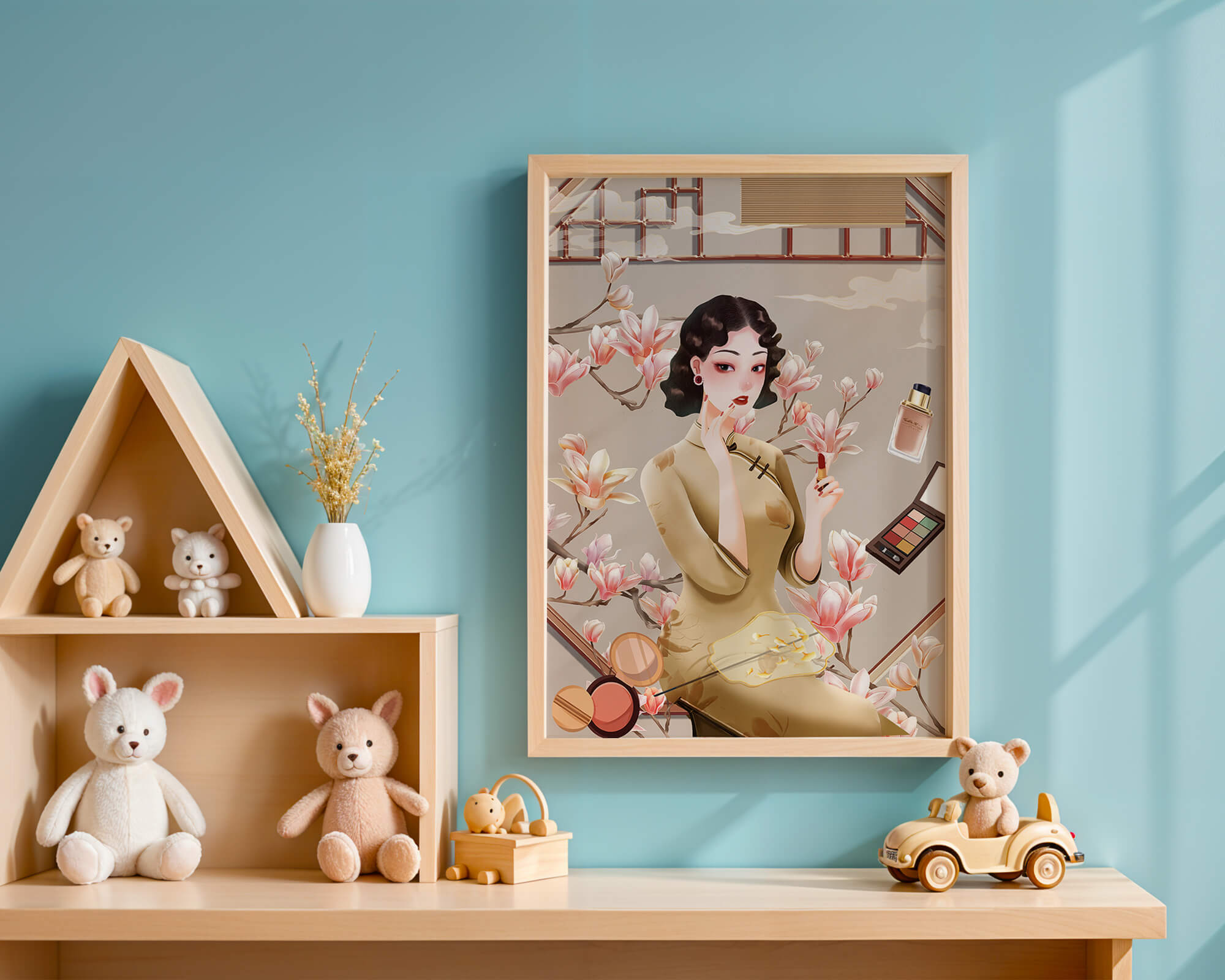 Elegant illustration of a woman with makeup and magnolia flowers