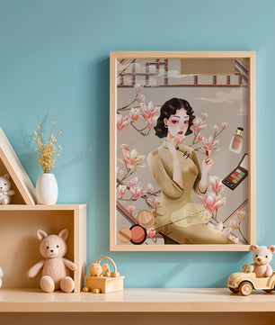 Elegant illustration of a woman with makeup and magnolia flowers