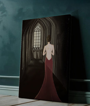 Elegant woman in a red dress inside a gothic hallway