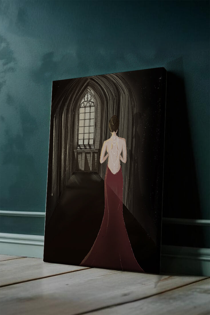 Elegant woman in a red dress inside a gothic hallway
