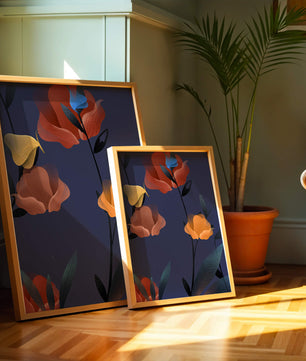 Abstract Floral Illustration with Colorful Flowers on Dark Background