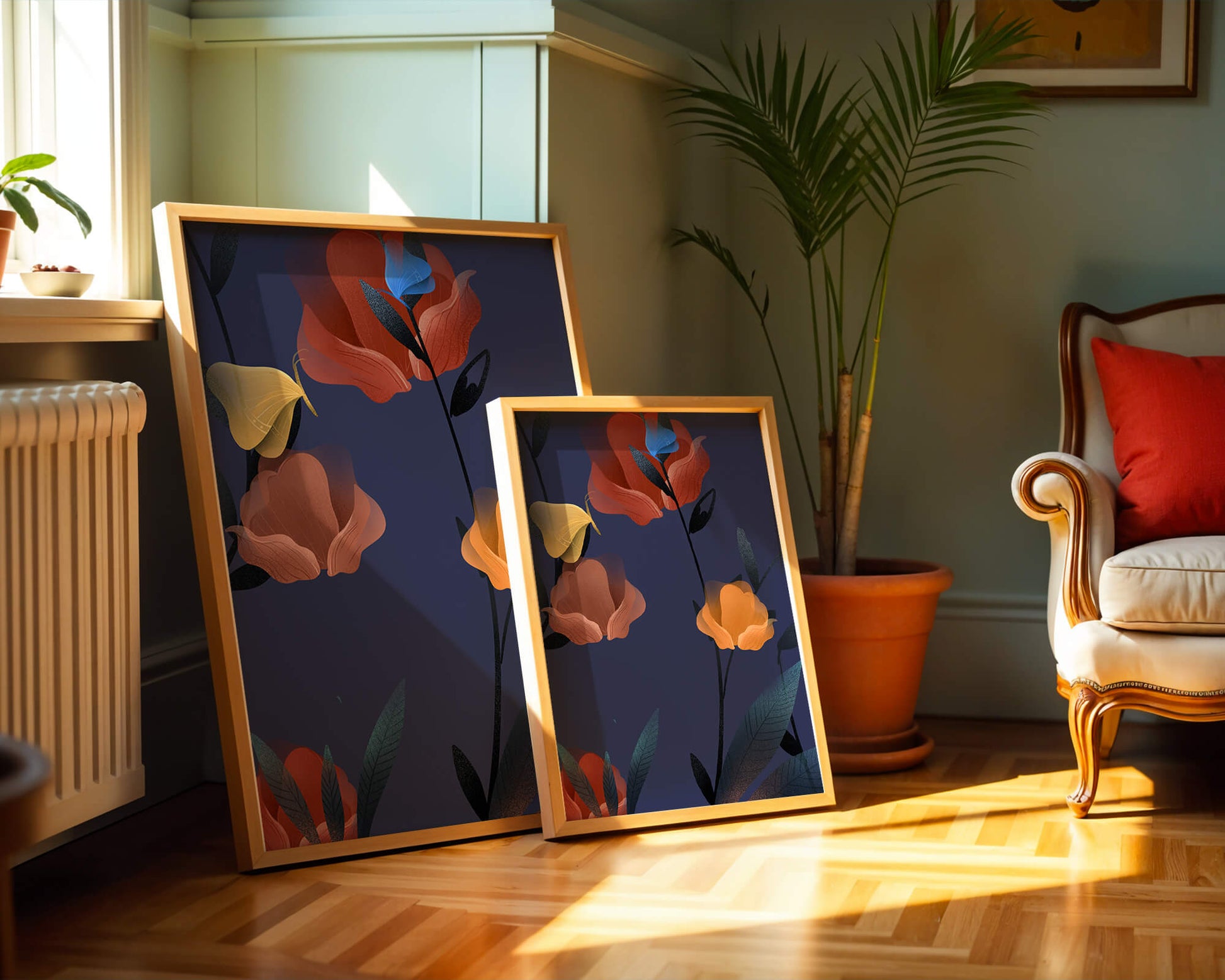Abstract Floral Illustration with Colorful Flowers on Dark Background