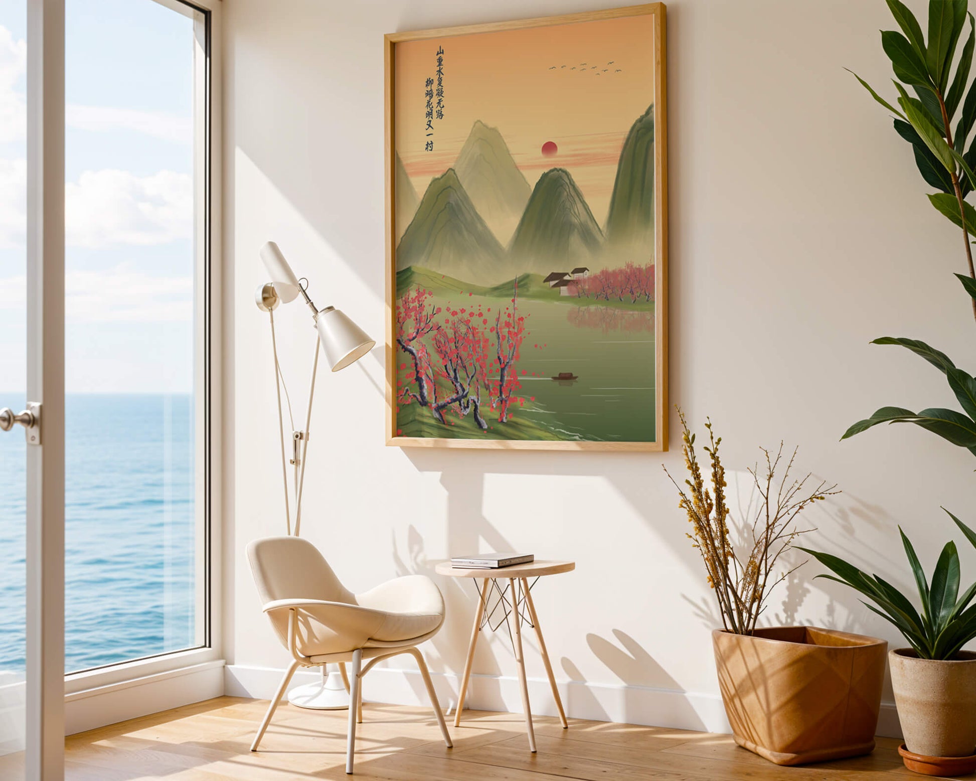 Serene landscape illustration with mountains and cherry blossoms