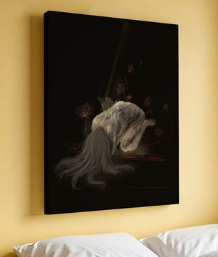 Abstract depiction of a figure surrounded by floral elements