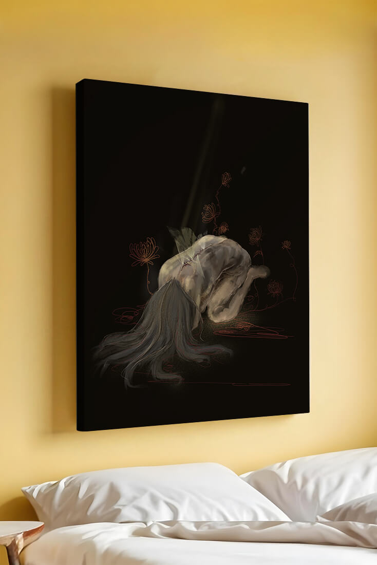 Abstract depiction of a figure surrounded by floral elements