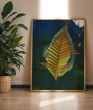 Abstract digital artwork featuring a vibrant multicolored leaf