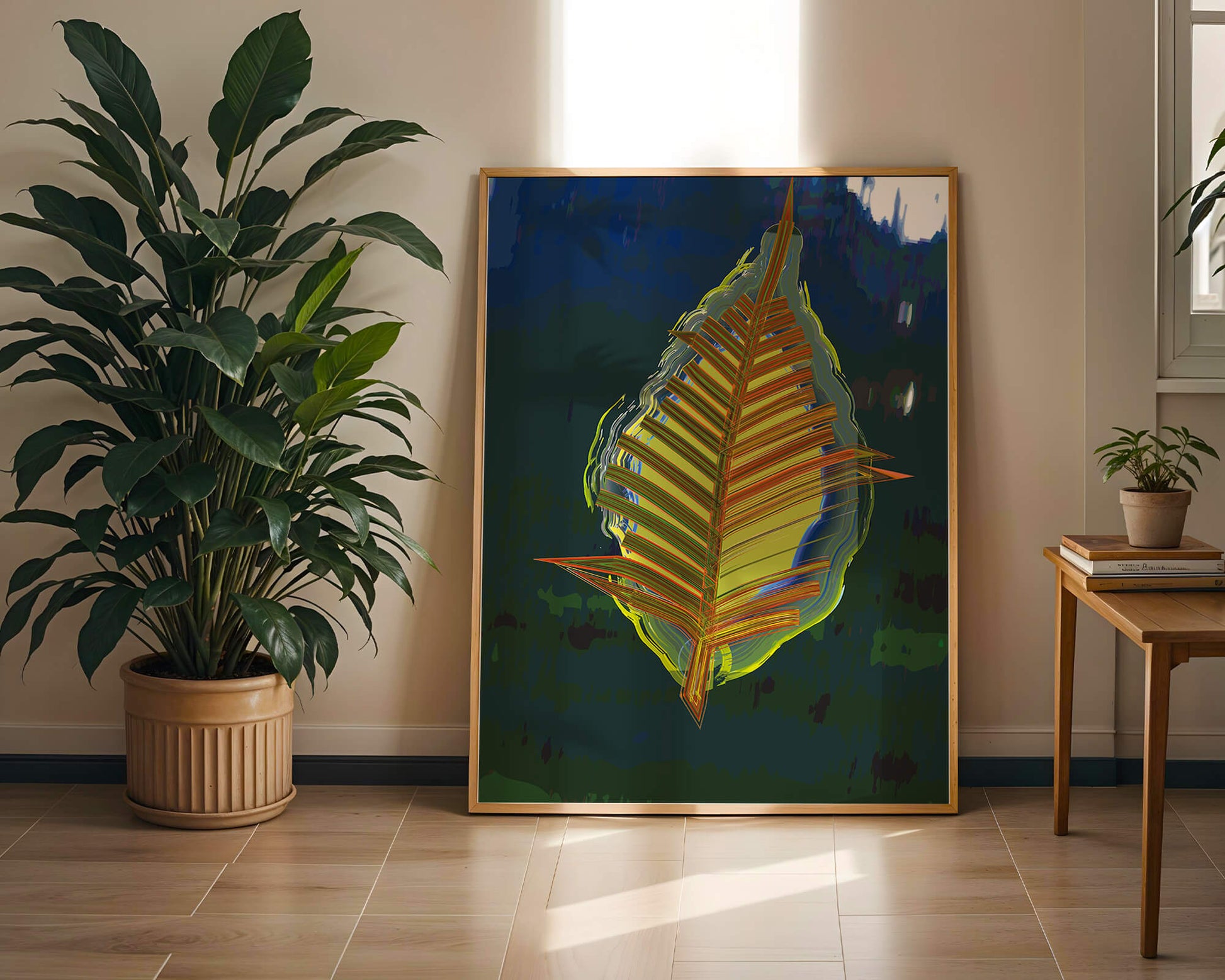 Abstract digital artwork featuring a vibrant multicolored leaf