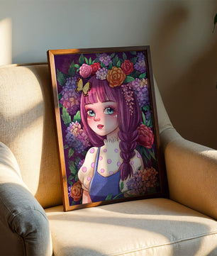 Illustration of a girl with floral crown surrounded by vibrant flowers