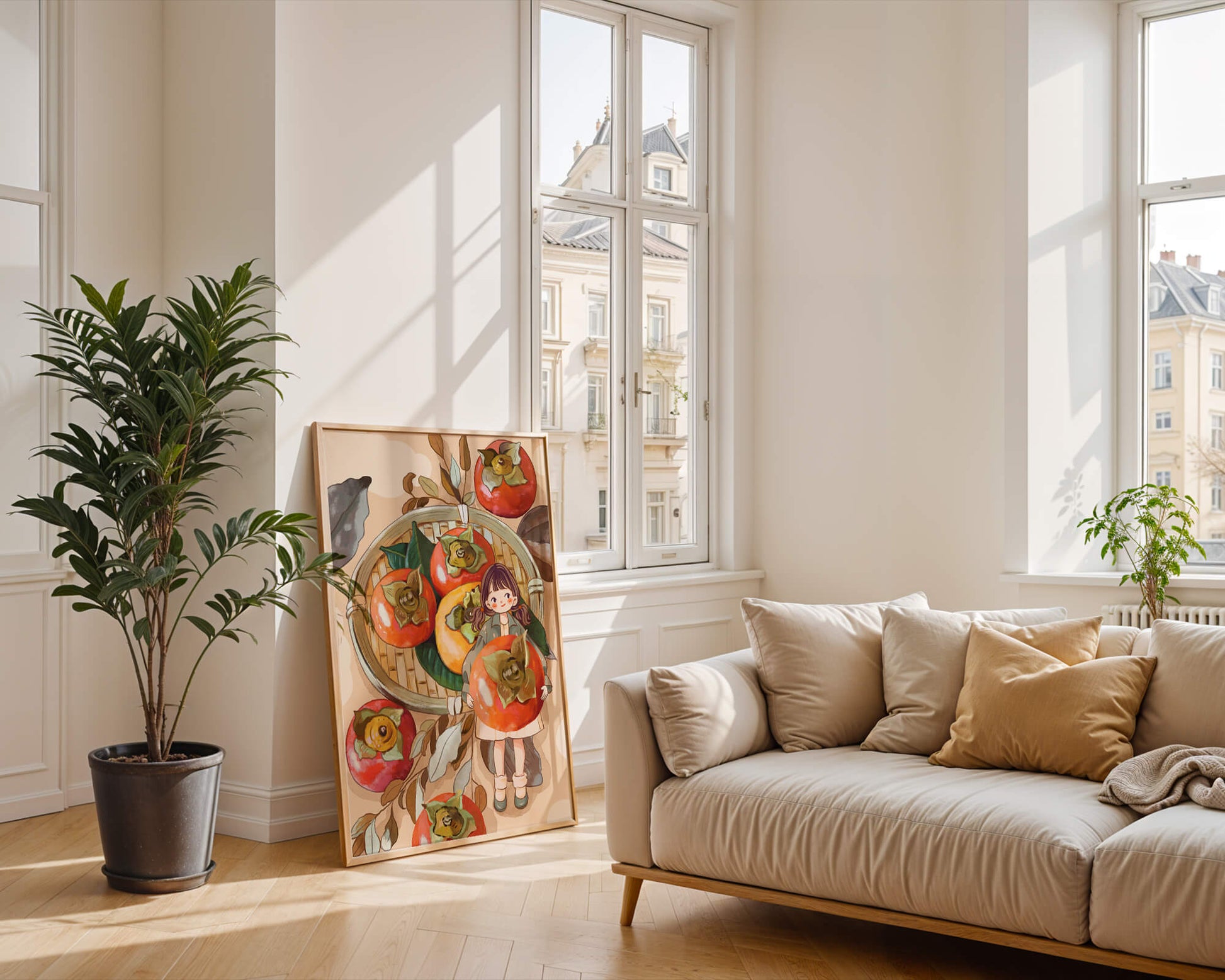 Joven sosteniendo un dátil en una escena de cosecha caprichosa