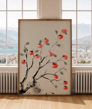 Elegant botanical illustration with vibrant red fruit on branches
