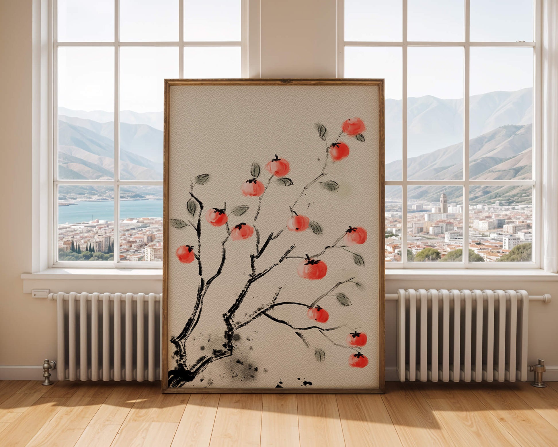 Elegant botanical illustration with vibrant red fruit on branches