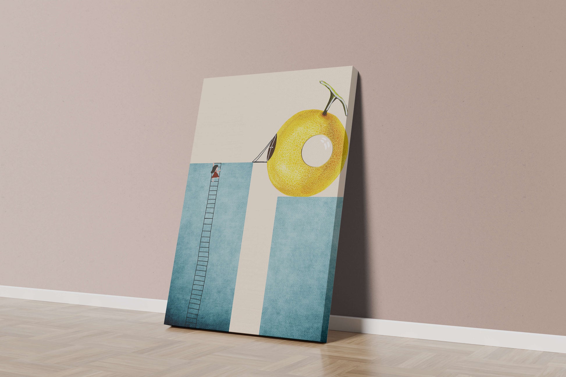 Woman Climbing Ladder towards Giant Yellow Fruit