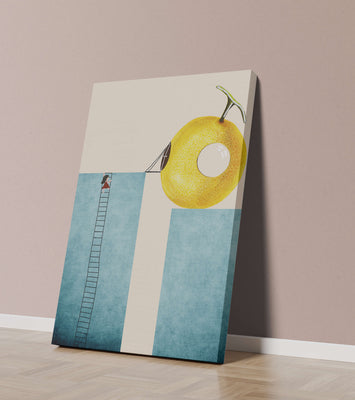 Woman Climbing Ladder towards Giant Yellow Fruit