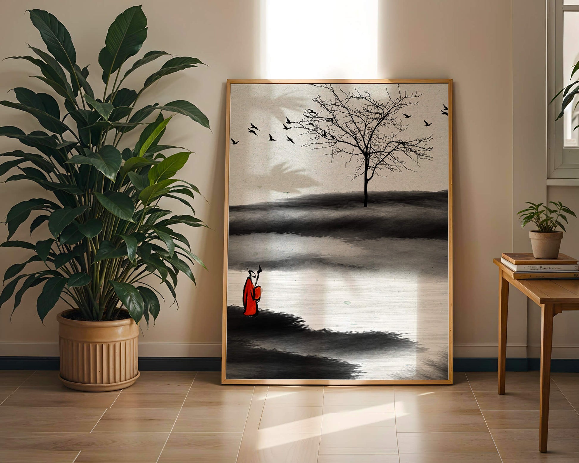 Contemplative Monk with Birds and Bare Tree in Serene Landscape