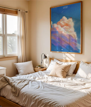 Whimsical illustration of superboy with dreamy cloudscape