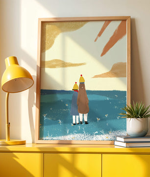 Two figures in winter clothing on a serene beach