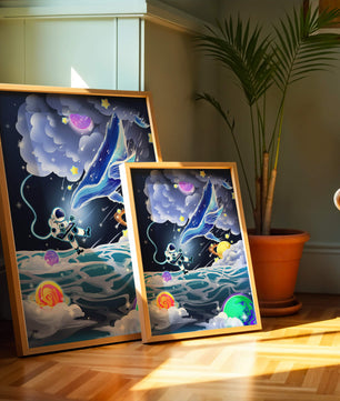 Astronaut Exploring a Surreal Cosmic Ocean with a Glowing Whale