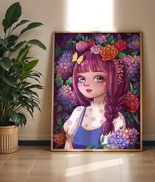 Illustration of a girl with floral crown surrounded by vibrant flowers