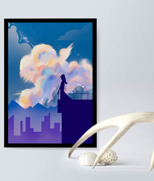 Silhouette of a woman on rooftop against a dreamy sky with colorful clouds