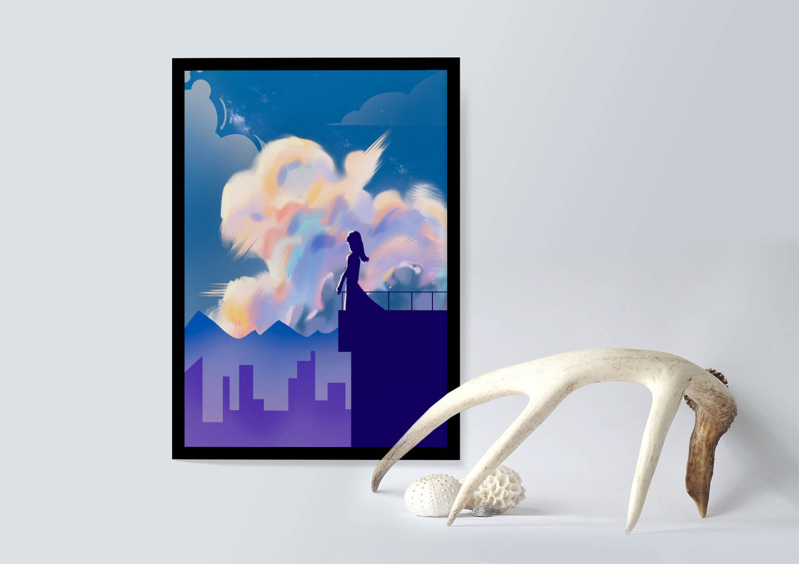 Silhouette of a woman on rooftop against a dreamy sky with colorful clouds