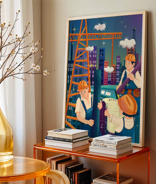 Illustrated construction workers on a high-rise building site