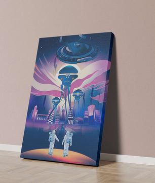 Futuristic Space City With Alien Creatures and Astronauts