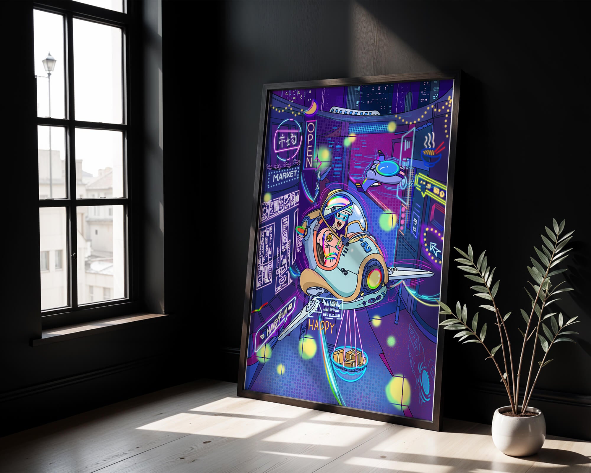 Futuristic cityscape with a flying delivery vehicle and neon signs