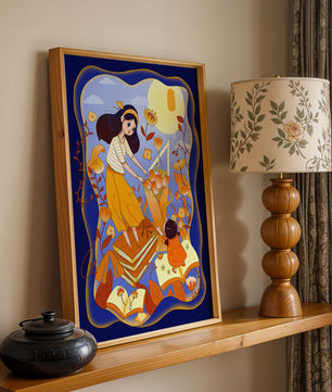 Whimsical illustration with woman and child among books and flowers