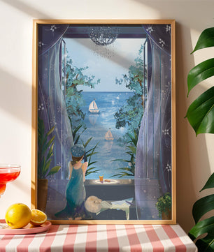 Peaceful Seaside View Through Open Window with Girl and Cat