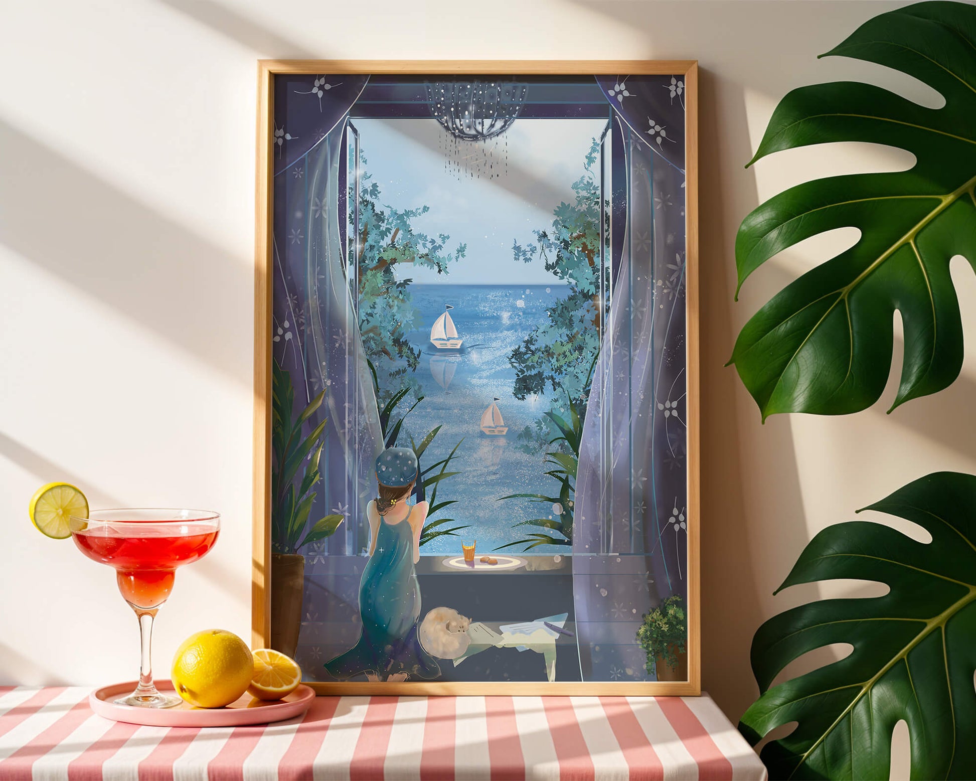 Peaceful Seaside View Through Open Window with Girl and Cat