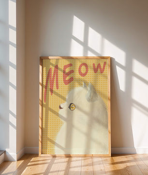 Profile View of a White Cat with Meow Text on Yellow Background