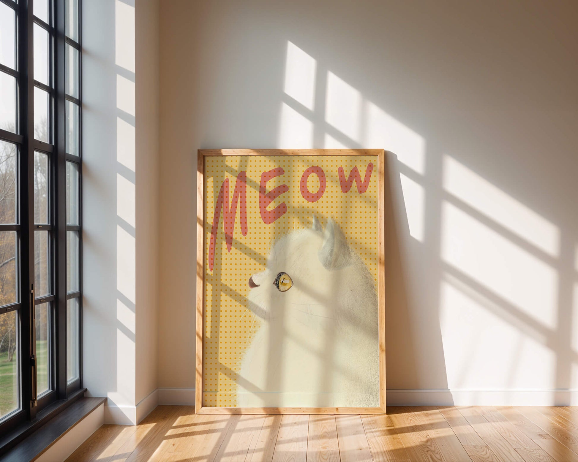 Profile View of a White Cat with Meow Text on Yellow Background
