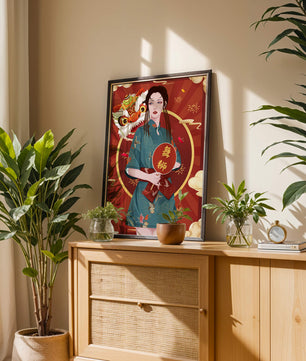 Elegant woman in traditional attire with lion dance mask in vibrant background