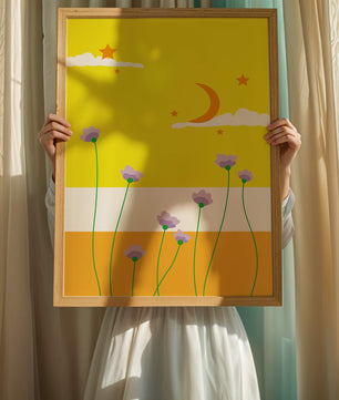 Illustrative landscape with crescent moon, stars, and flowers