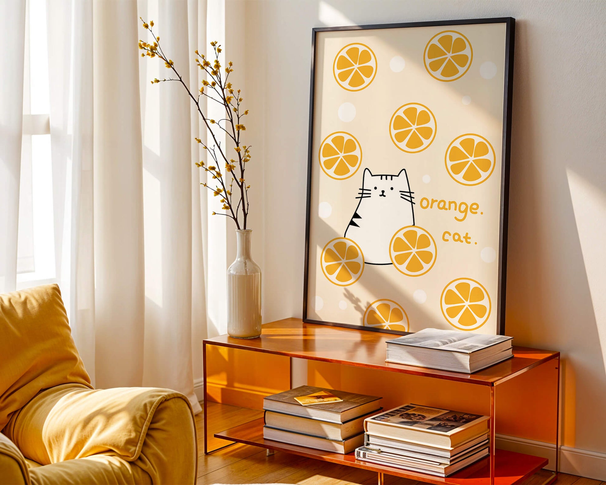 Playful illustration featuring a cat and orange slices