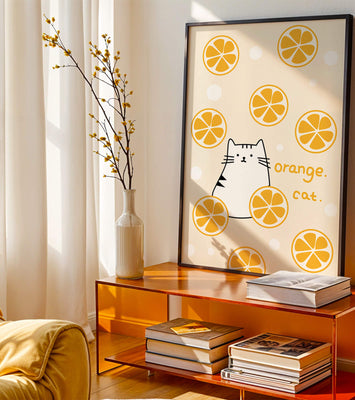 Playful illustration featuring a cat and orange slices