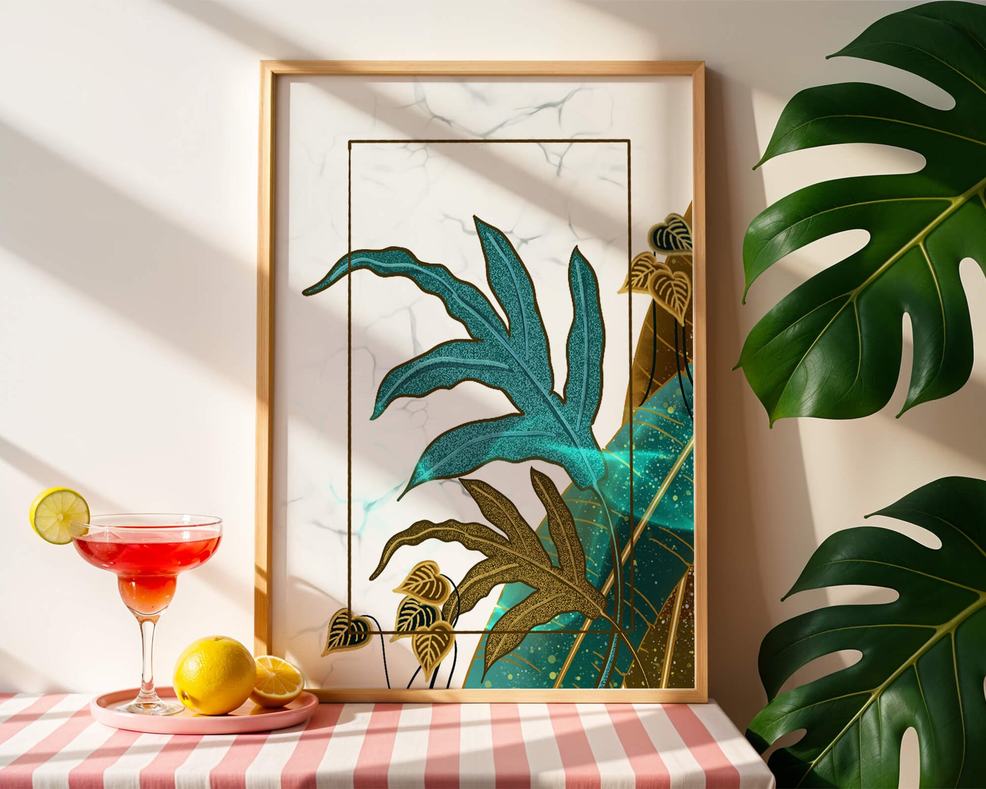Abstract botanical art with blue and gold leafy designs