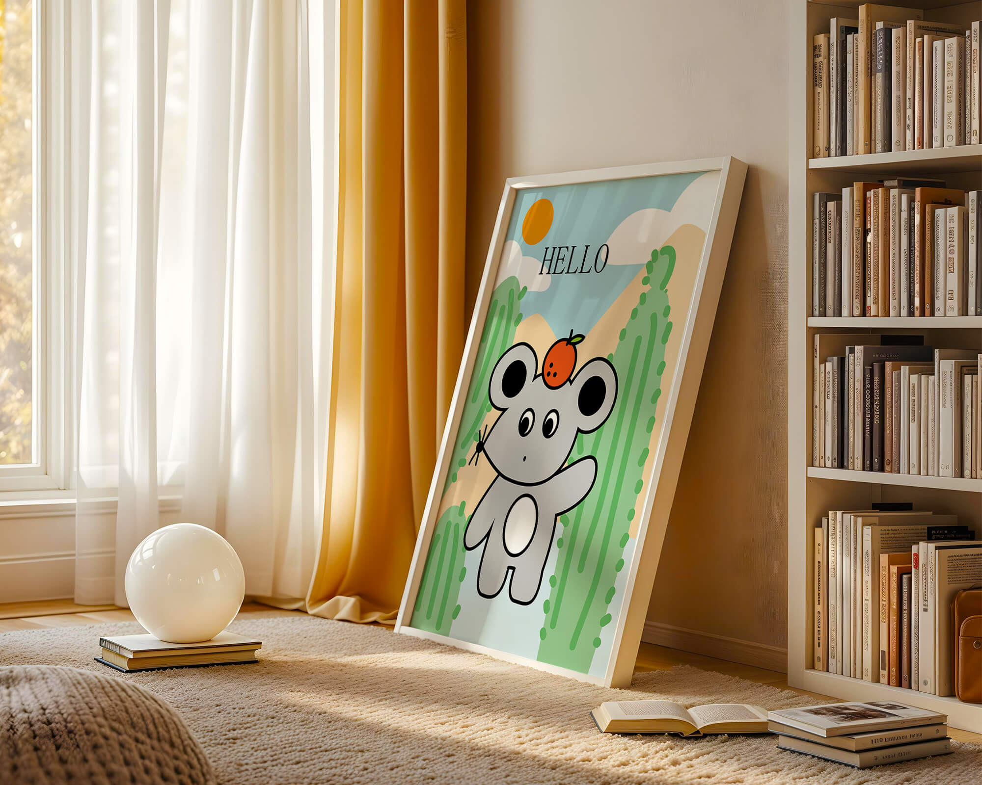 Cute illustration of a mouse with an orange on a sunny background