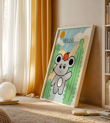 Cute illustration of a mouse with an orange on a sunny background
