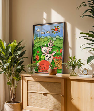Illustration de lapins espiègles avec des carottes dans un champ ensoleillé